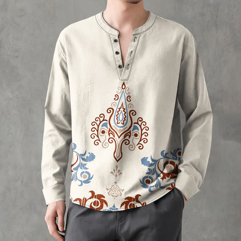 Buddha Stones Chemises à manches longues pour hommes en coton à motif géométrique tribal multicolore et col en V avec boutons - Lin - US/UK/AU48，EU58 (4XL) - image 0