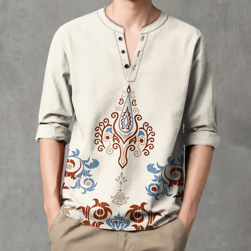 Buddha Stones Chemises à manches longues pour hommes en coton à motif géométrique tribal multicolore et col en V avec boutons - image 1