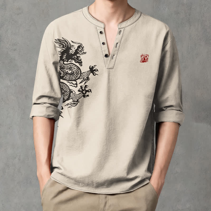 Buddha Stones Chemises à manches longues pour hommes en coton à motif de phoque dragon et col en V avec boutons - Beige - US/UK/AU48，EU58 (4XL) - image 0