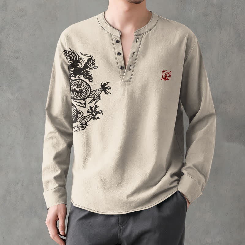Buddha Stones Chemises à manches longues pour hommes en coton à motif de phoque dragon et col en V avec boutons - image 1