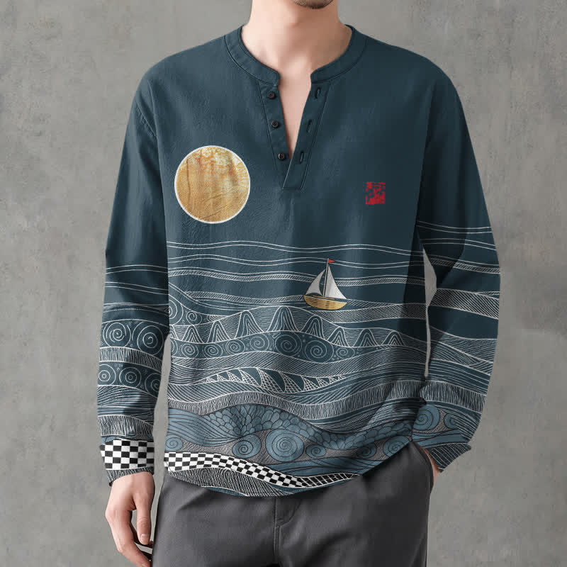 Buddha Stones Chemises à manches longues pour hommes en coton, motif vagues, voiliers et lune, col en V, boutons - CadetBlue - US/UK/AU48，EU58 (4XL) - image 0