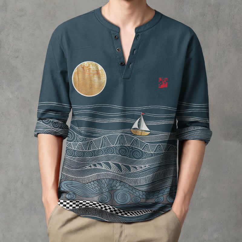 Buddha Stones Chemises à manches longues pour hommes en coton, motif vagues, voiliers et lune, col en V, boutons - image 1