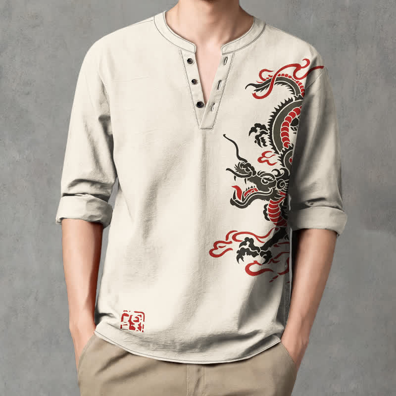 Buddha Stones Chemises à manches longues pour hommes en coton à motif de flammes de dragon oriental et col en V avec boutons - Beige - US/UK/AU48，EU58 (4XL) - image 0