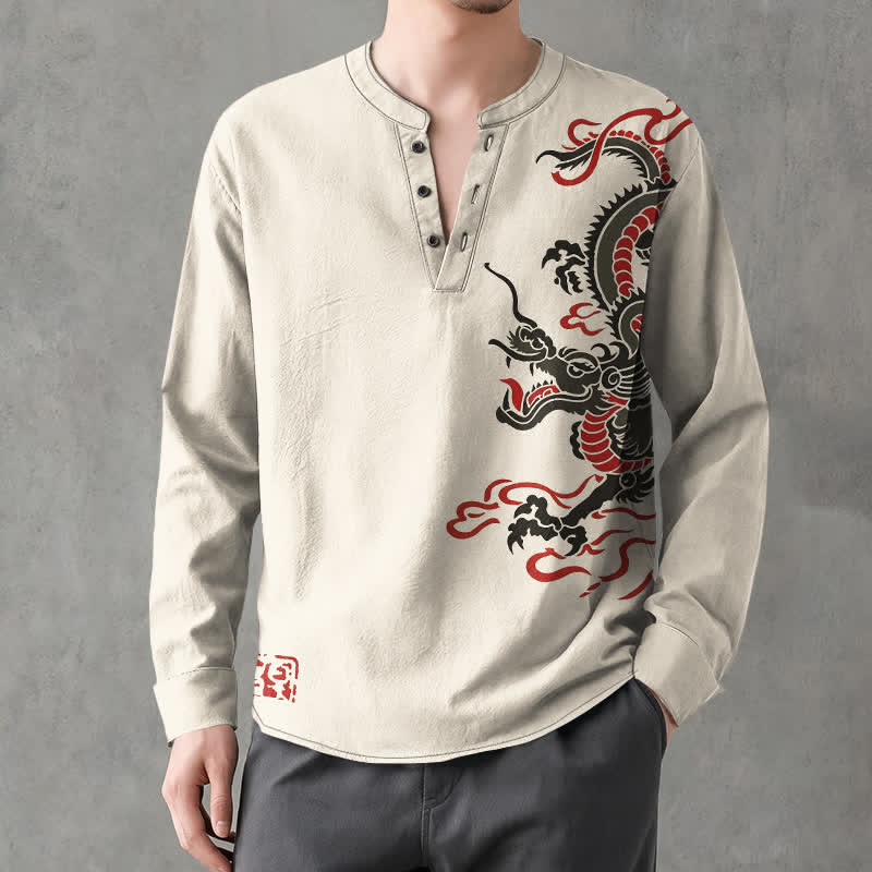 Buddha Stones Chemises à manches longues pour hommes en coton à motif de flammes de dragon oriental et col en V avec boutons - image 1