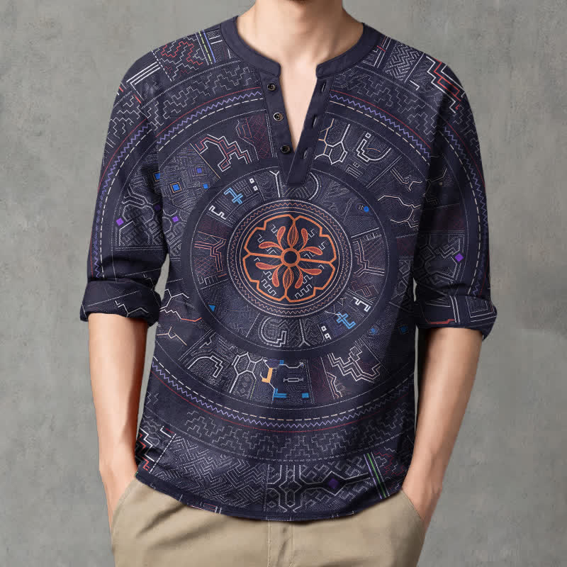 Buddha Stones Chemises à manches longues pour hommes en coton à motif mandala tribal et col en V avec boutons - Marine - US/UK/AU48，EU58 (4XL) - image 0