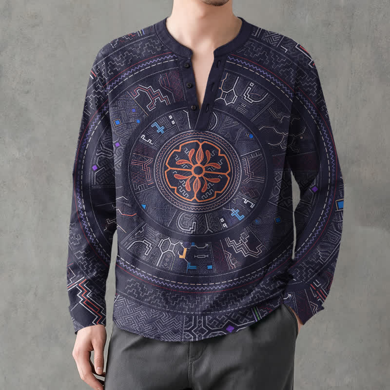 Buddha Stones Chemises à manches longues pour hommes en coton à motif mandala tribal et col en V avec boutons - image 1