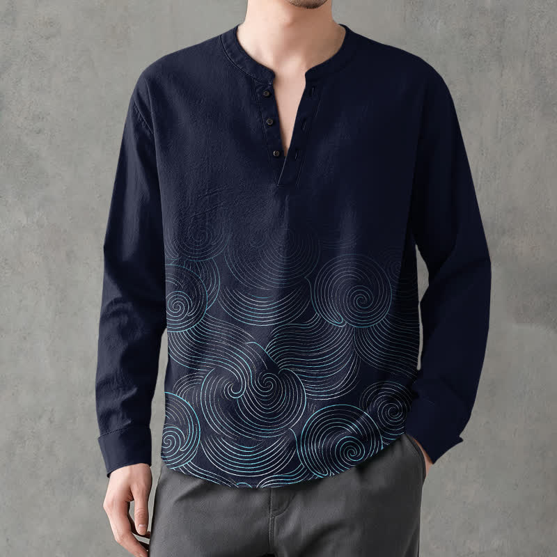 Buddha Stones Chemises à manches longues pour hommes en coton à motif de vagues et spirales, col en V et boutons - image 1