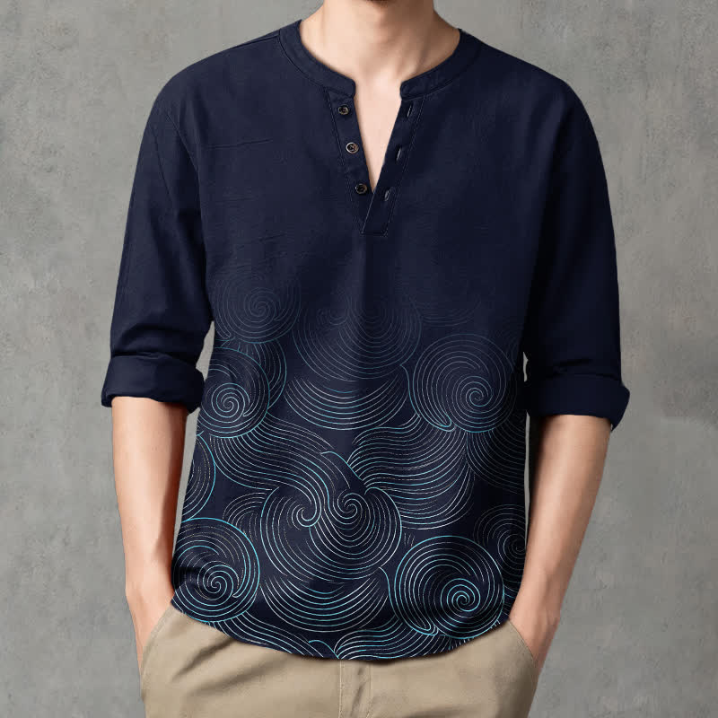 Buddha Stones Chemises à manches longues pour hommes en coton à motif de vagues et spirales, col en V et boutons - Marine - US/UK/AU48，EU58 (4XL) - image 0