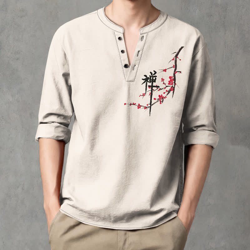 Buddha Stones Chemises à manches longues pour hommes en coton à motif de fleurs de prunier Zen et col en V avec boutons - image 1
