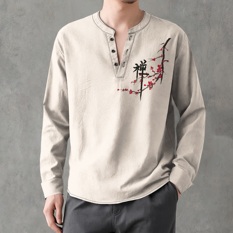 Buddha Stones Chemises à manches longues pour hommes en coton à motif de fleurs de prunier Zen et col en V avec boutons - Lin - US/UK/AU48，EU58 (4XL) - image 0