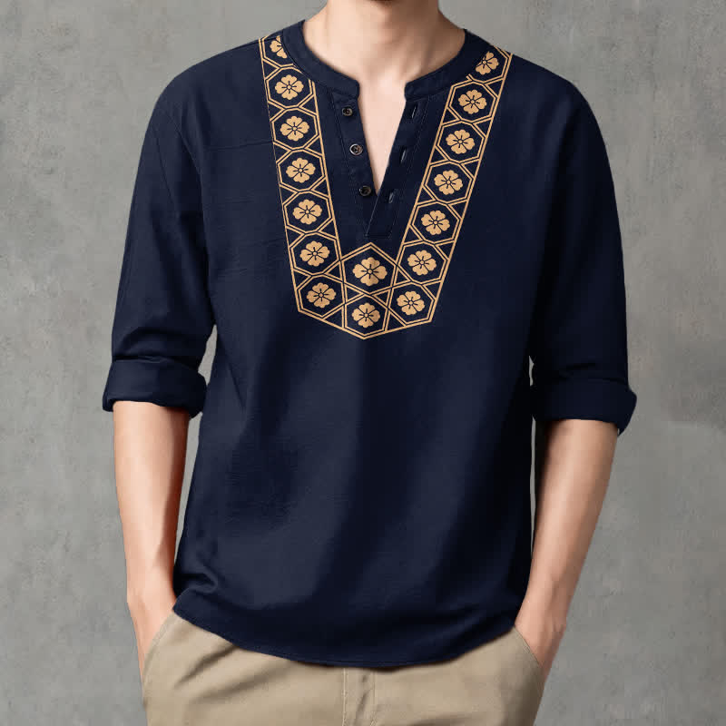 Buddha Stones Chemises à manches longues pour hommes en coton à motif ethnique floral quadrillé et col en V boutonné - Marine - US/UK/AU48，EU58 (4XL) - image 0