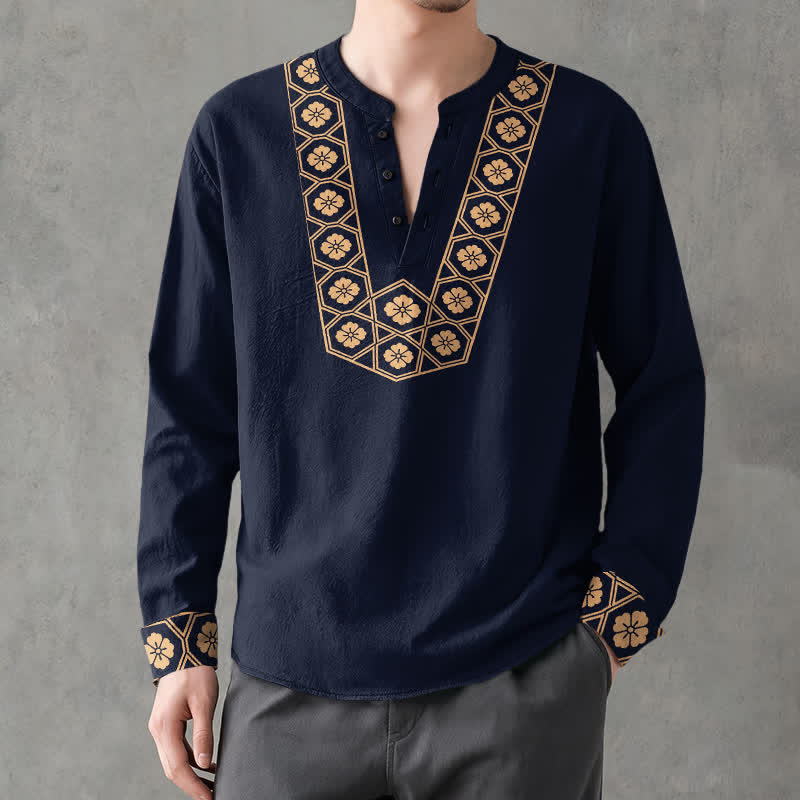 Buddha Stones Chemises à manches longues pour hommes en coton à motif ethnique floral quadrillé et col en V boutonné - image 1