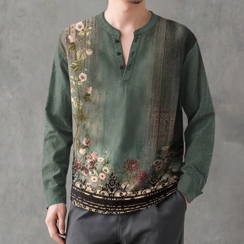 Buddha Stones Chemises à manches longues pour hommes en coton à motif floral vintage, col en V et boutons - Vert d'eau - US/UK/AU48，EU58 (4XL) - image 0