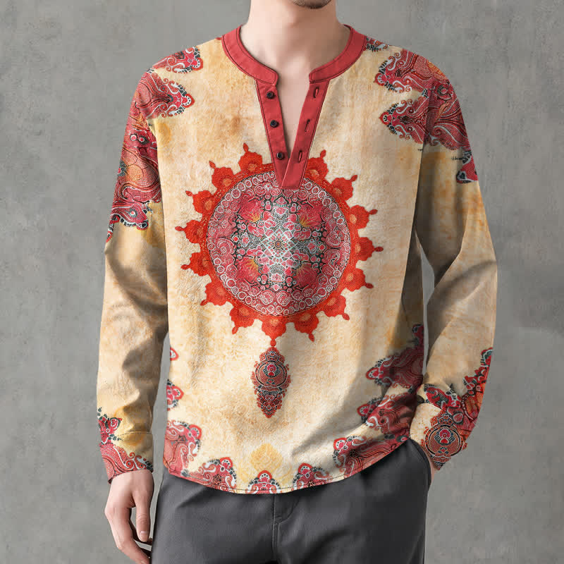 Buddha Stones Chemises à manches longues pour hommes en coton à motif ethnique cachemire et mandala floral, col en V et boutons - image 1