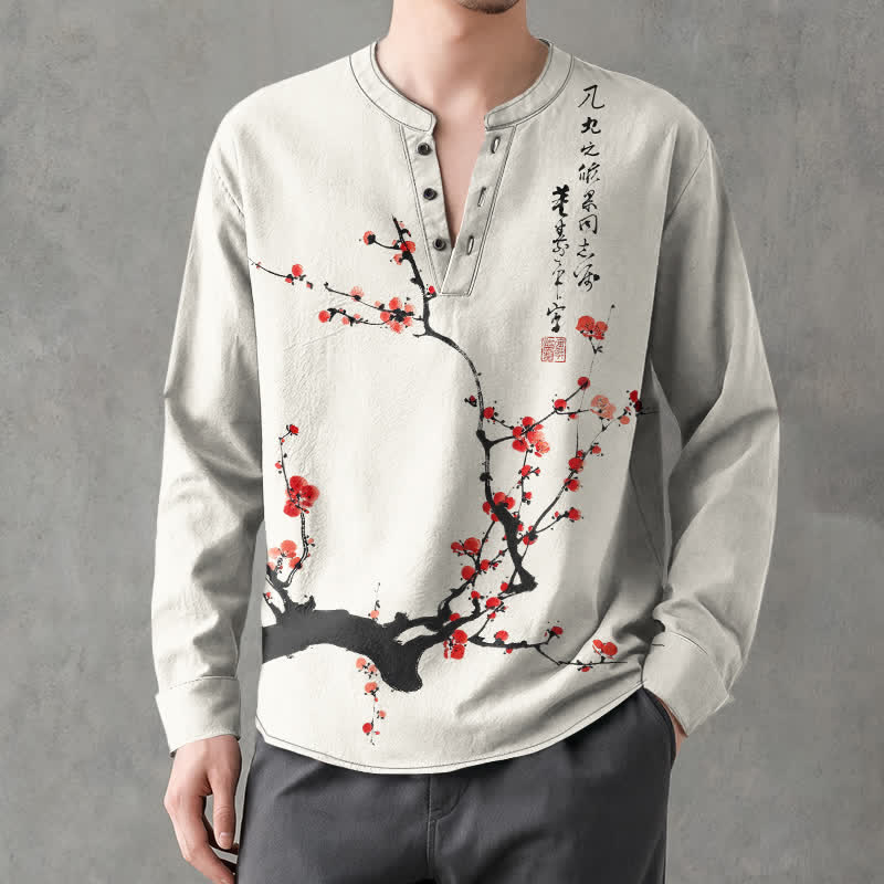 Buddha Stones Chemises à manches longues pour hommes, col en V, motif fleurs de prunier rouge, en coton encre, avec boutons. - Lin - US/UK/AU48，EU58 (4XL) - image 0