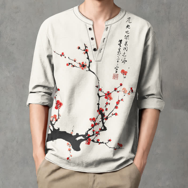 Buddha Stones Chemises à manches longues pour hommes, col en V, motif fleurs de prunier rouge, en coton encre, avec boutons. - image 1