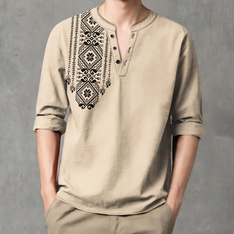 Buddha Stones Chemises à manches longues pour hommes en coton, à motif géométrique carré bohème et col en V, avec boutons - Beige - US/UK/AU48，EU58 (4XL) - image 0