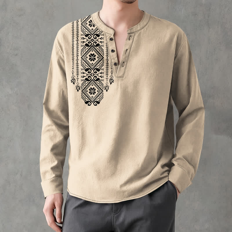 Buddha Stones Chemises à manches longues pour hommes en coton, à motif géométrique carré bohème et col en V, avec boutons - image 1