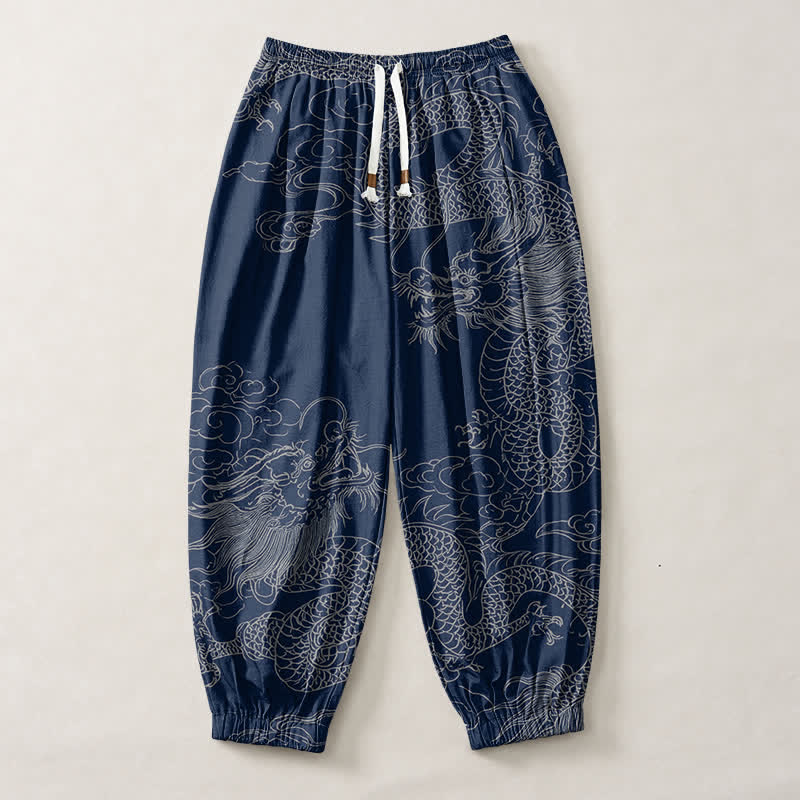 Buddha Stones Pantalon harem pour homme en pur coton avec cordon de serrage et poches, motif nuages ​​porte-bonheur et dragon. - image 1