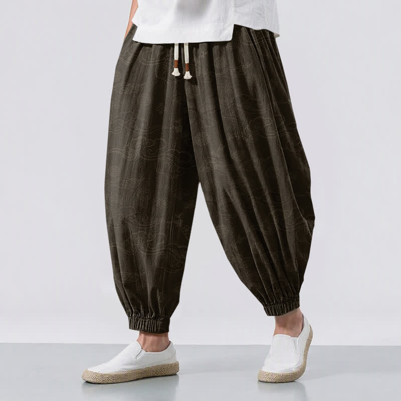 Buddha Stones Pantalon harem pour homme en pur coton avec cordon de serrage et poches, motif médaillon nuage traditionnel. - SaddleBrown - US/UK/AU50，EU60 (5XL) - image 0