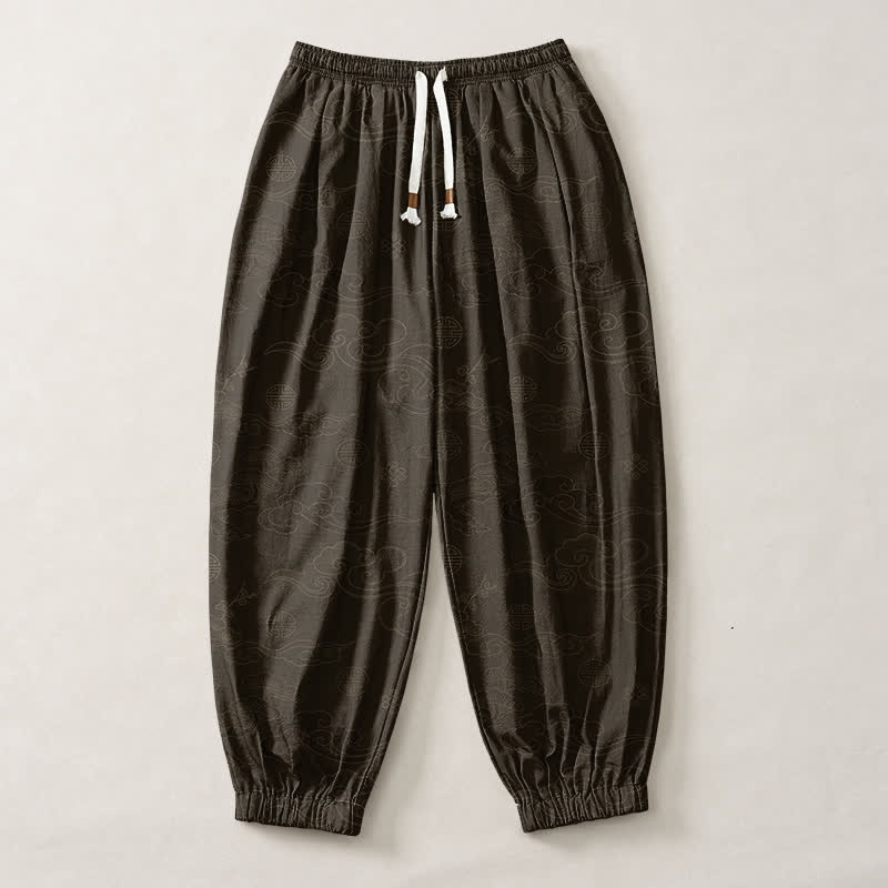 Buddha Stones Pantalon harem pour homme en pur coton avec cordon de serrage et poches, motif médaillon nuage traditionnel. - image 1