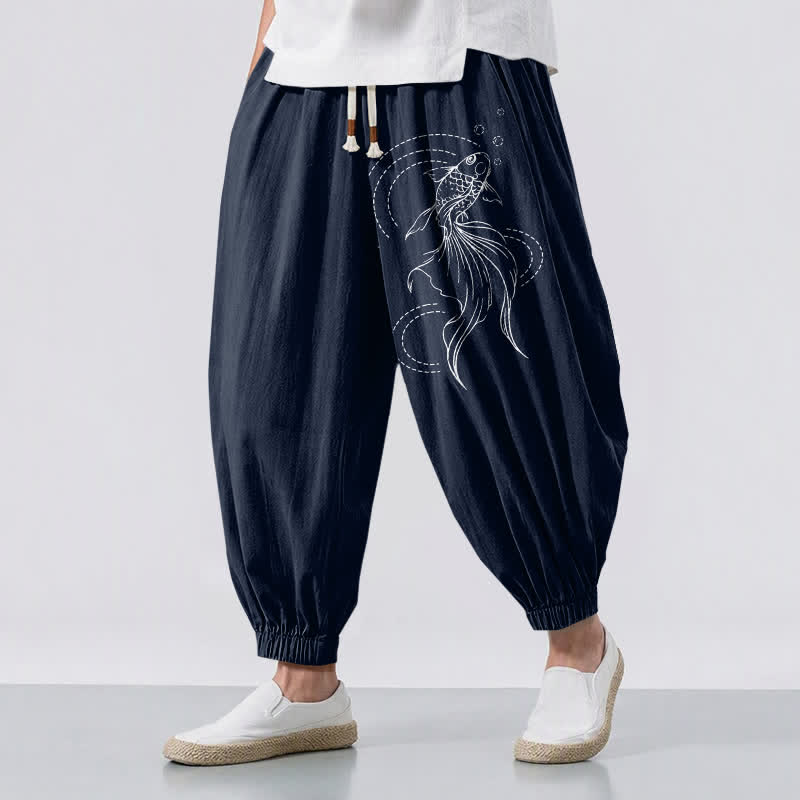 Buddha Stones Pantalon harem pour homme en pur coton avec cordon de serrage, motif carpes koï et poches - Marine - US/UK/AU50，EU60 (5XL) - image 0