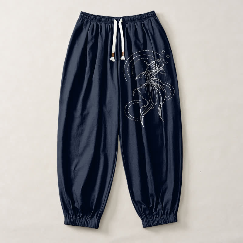 Buddha Stones Pantalon harem pour homme en pur coton avec cordon de serrage, motif carpes koï et poches - image 1