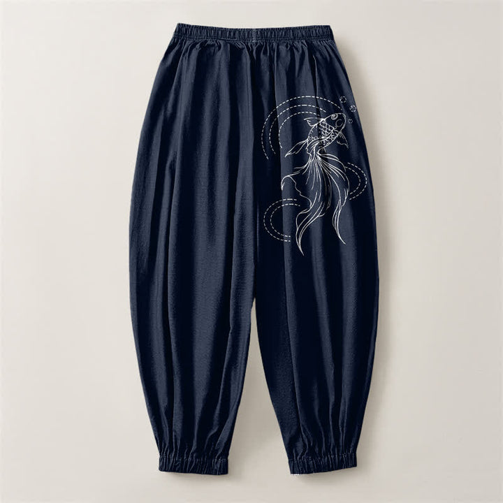 Buddha Stones Pantalon harem pour homme en pur coton avec cordon de serrage, motif carpes koï et poches - image 2