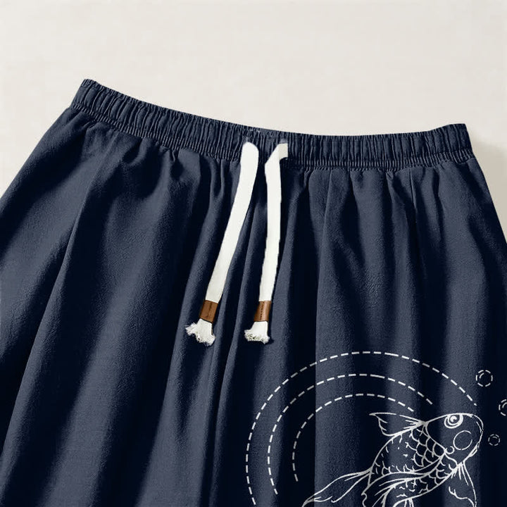 Buddha Stones Pantalon harem pour homme en pur coton avec cordon de serrage, motif carpes koï et poches - image 3