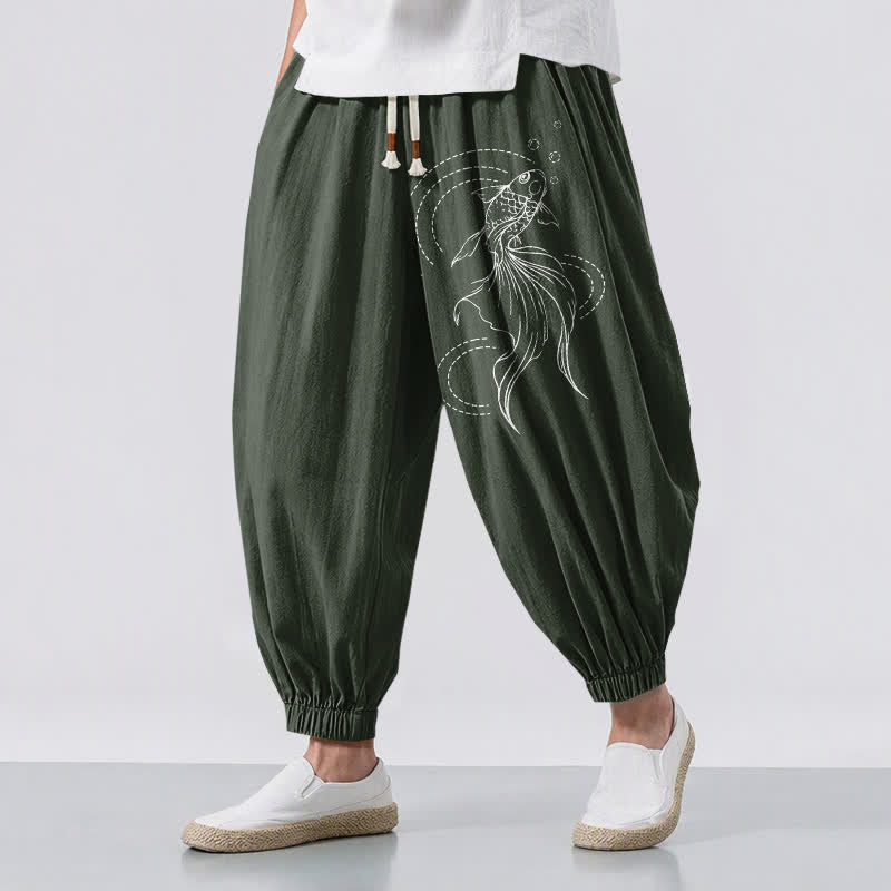 Buddha Stones Pantalon harem pour homme en pur coton avec cordon de serrage, motif carpes koï et poches - Vert foncé - US/UK/AU50，EU60 (5XL) - image 6