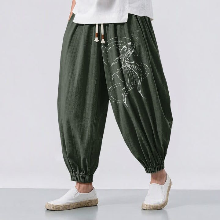 Buddha Stones Pantalon harem pour homme en pur coton avec cordon de serrage, motif carpes koï et poches - Vert foncé - US/UK/AU50，EU60 (5XL) - image 6
