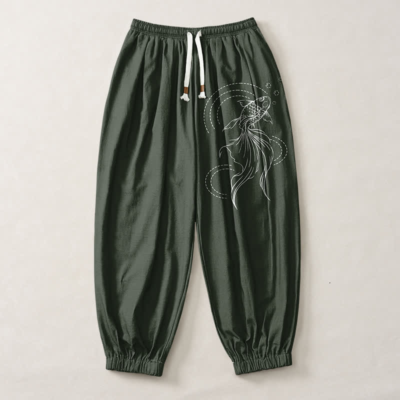 Buddha Stones Pantalon harem pour homme en pur coton avec cordon de serrage, motif carpes koï et poches - image 7