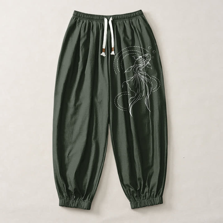 Buddha Stones Pantalon harem pour homme en pur coton avec cordon de serrage, motif carpes koï et poches - image 7