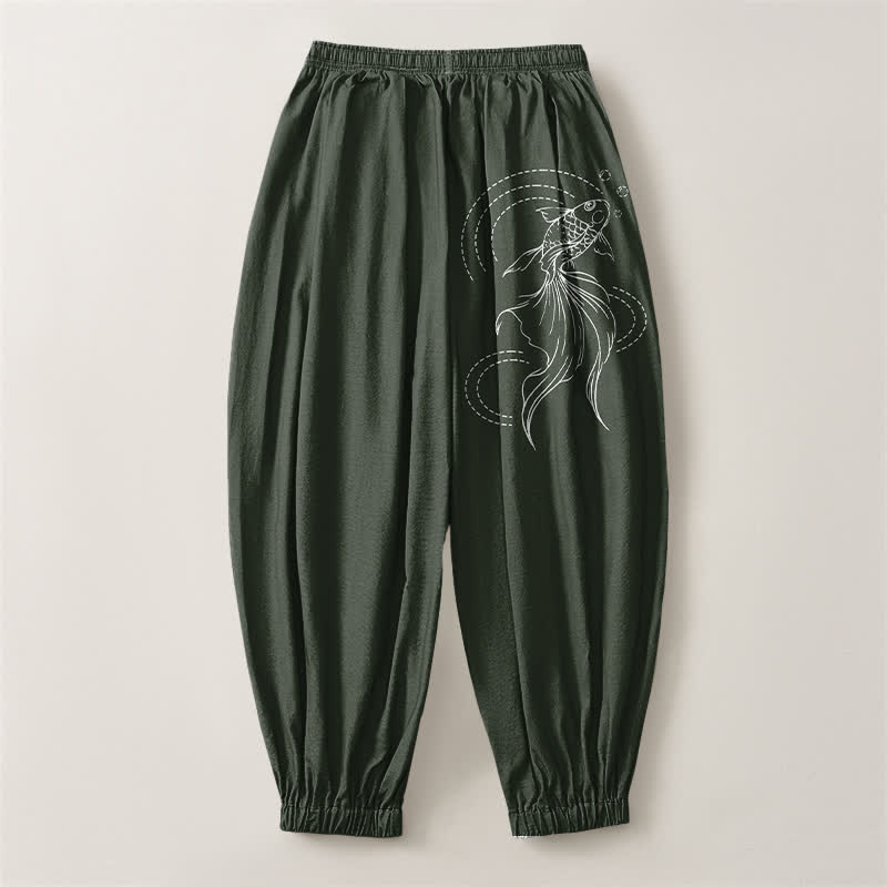 Buddha Stones Pantalon harem pour homme en pur coton avec cordon de serrage, motif carpes koï et poches - image 8