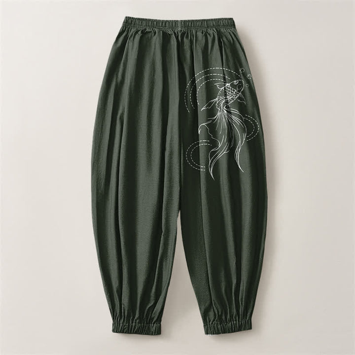 Buddha Stones Pantalon harem pour homme en pur coton avec cordon de serrage, motif carpes koï et poches - image 8