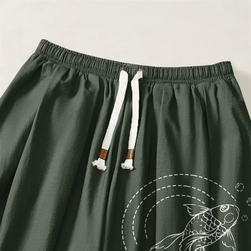 Buddha Stones Pantalon harem pour homme en pur coton avec cordon de serrage, motif carpes koï et poches - image 9