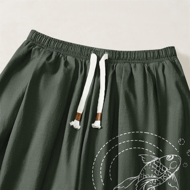 Buddha Stones Pantalon harem pour homme en pur coton avec cordon de serrage, motif carpes koï et poches - image 9