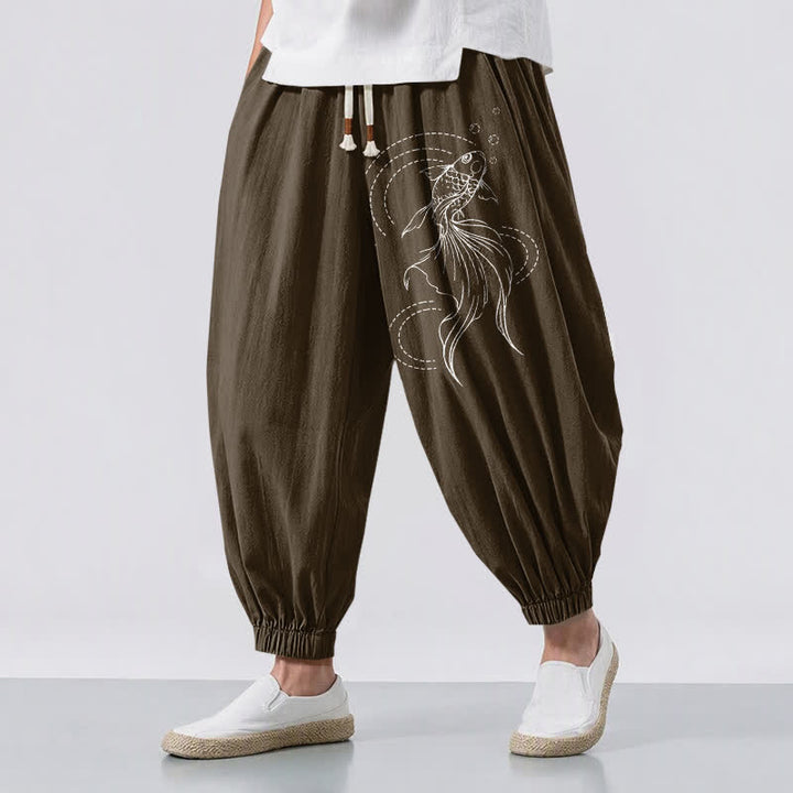 Buddha Stones Pantalon harem pour homme en pur coton avec cordon de serrage, motif carpes koï et poches - SaddleBrown - US/UK/AU50，EU60 (5XL) - image 12