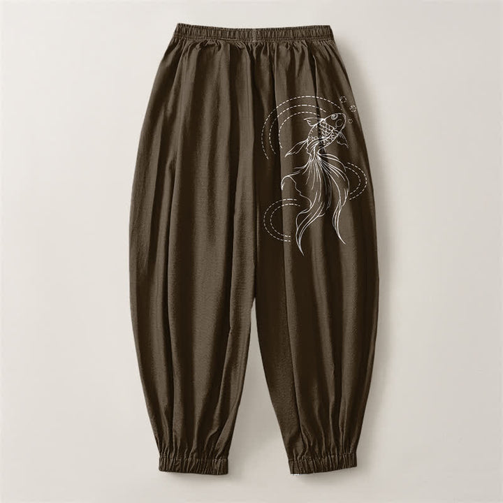 Buddha Stones Pantalon harem pour homme en pur coton avec cordon de serrage, motif carpes koï et poches - image 14