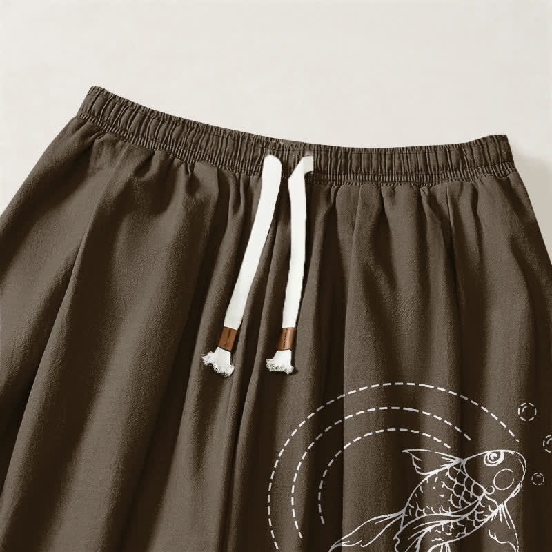 Buddha Stones Pantalon harem pour homme en pur coton avec cordon de serrage, motif carpes koï et poches - image 15