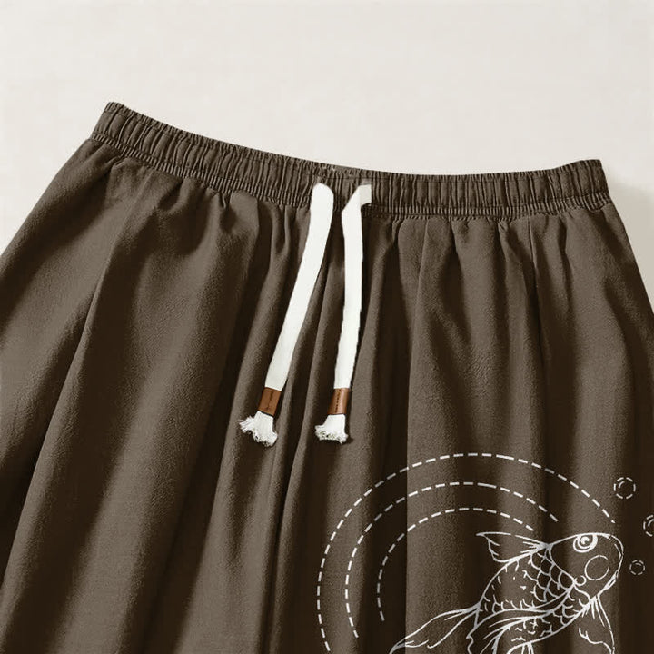 Buddha Stones Pantalon harem pour homme en pur coton avec cordon de serrage, motif carpes koï et poches - image 15