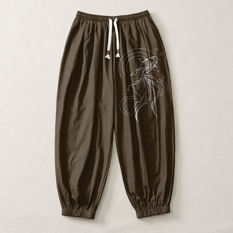 Buddha Stones Pantalon harem pour homme en pur coton avec cordon de serrage, motif carpes koï et poches - image 13
