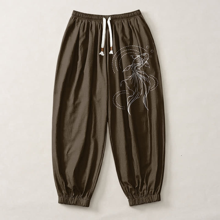 Buddha Stones Pantalon harem pour homme en pur coton avec cordon de serrage, motif carpes koï et poches - image 13