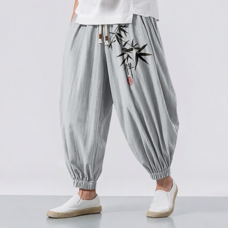 Buddha Stones Pantalon harem pour homme en pur coton, motif bambou, cordon de serrage et poches - Gris clair - US/UK/AU50，EU60 (5XL) - image 0