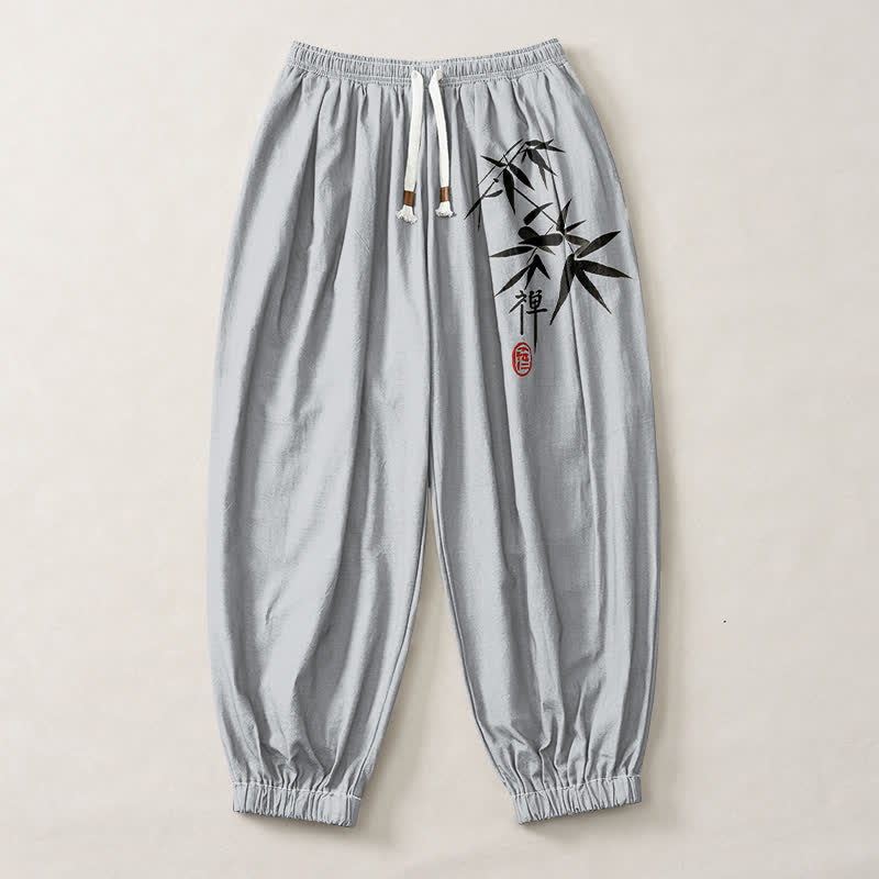 Buddha Stones Pantalon harem pour homme en pur coton, motif bambou, cordon de serrage et poches - image 1