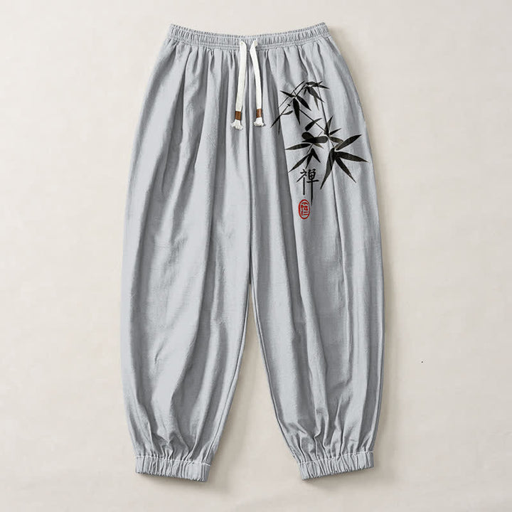 Buddha Stones Pantalon harem pour homme en pur coton, motif bambou, cordon de serrage et poches - image 1