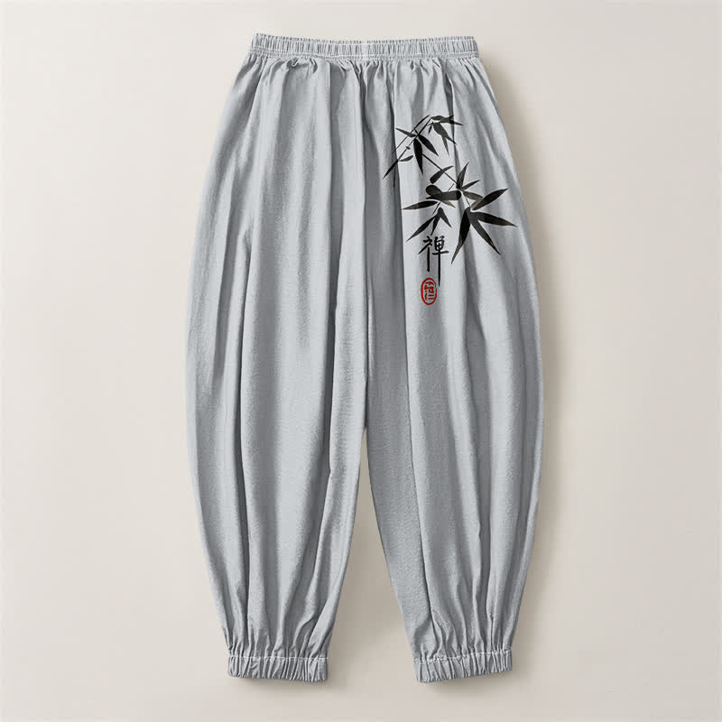 Buddha Stones Pantalon harem pour homme en pur coton, motif bambou, cordon de serrage et poches - image 2