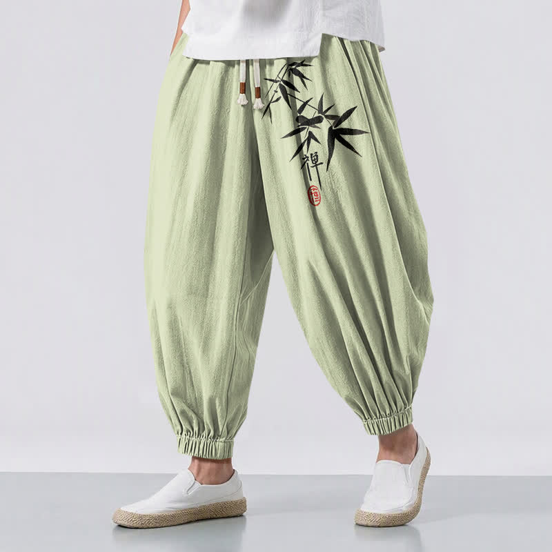 Buddha Stones Pantalon harem pour homme en pur coton, motif bambou, cordon de serrage et poches - Melon miellat - US/UK/AU50，EU60 (5XL) - image 6