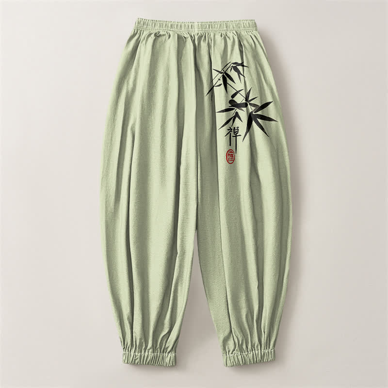 Buddha Stones Pantalon harem pour homme en pur coton, motif bambou, cordon de serrage et poches - image 8