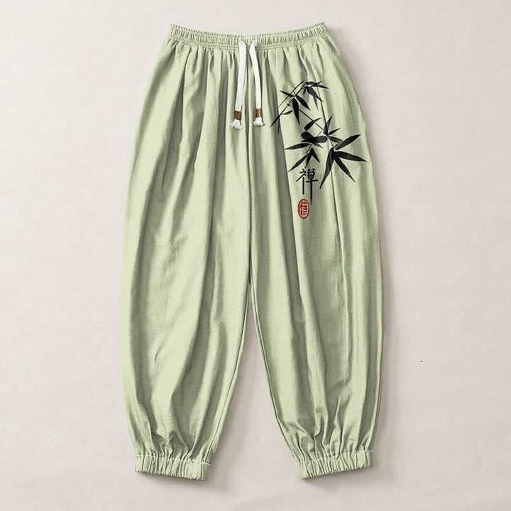 Buddha Stones Pantalon harem pour homme en pur coton, motif bambou, cordon de serrage et poches - image 7